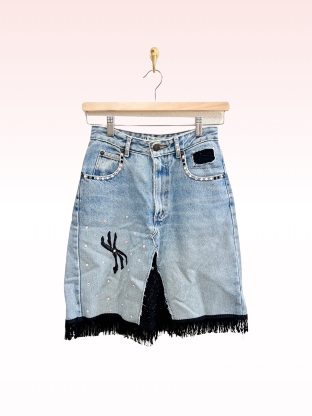 BANANA REPUBLIC Blue Denim Black Fringe Crystal Embellished Skirt (Sz 2)